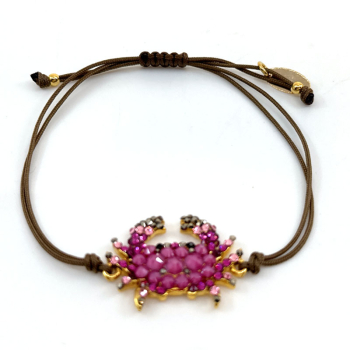 Ekaterini Freundschaftsarmband, Starfish, Baby Crab, pinke Swarovski Kristalle an brauner Kordel und goldenen Akzenten